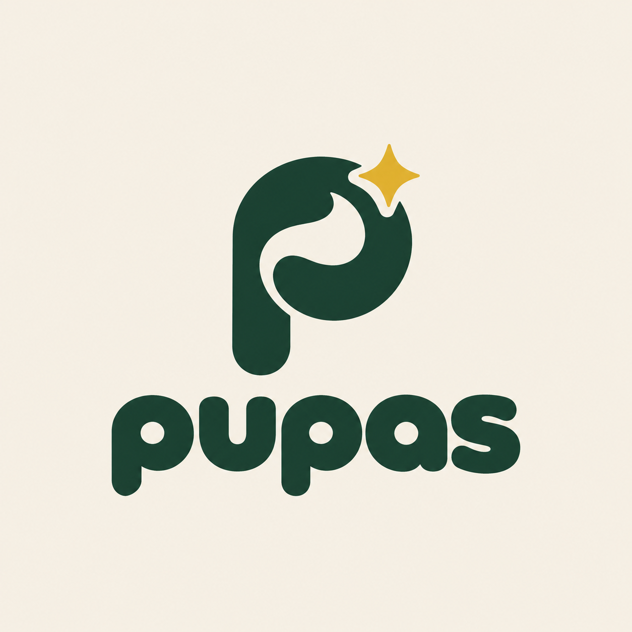 Logo Pupas : un symbole vert en forme de p avec une étoile dorée, au-dessus du nom de la marque sur fond crème.